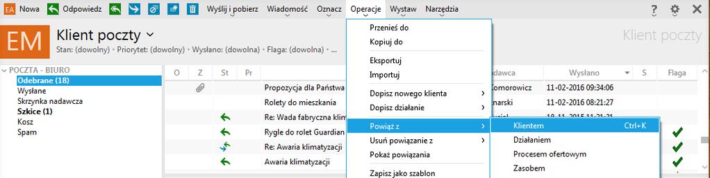 2. Z poziomu modułu Poczta możliwe jest szybkie wystawianie dokumentów.