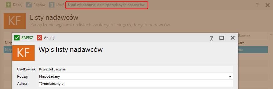 W menu modułu znajduje się opcja Usuń wiadomości od niepożądanych nadawców.