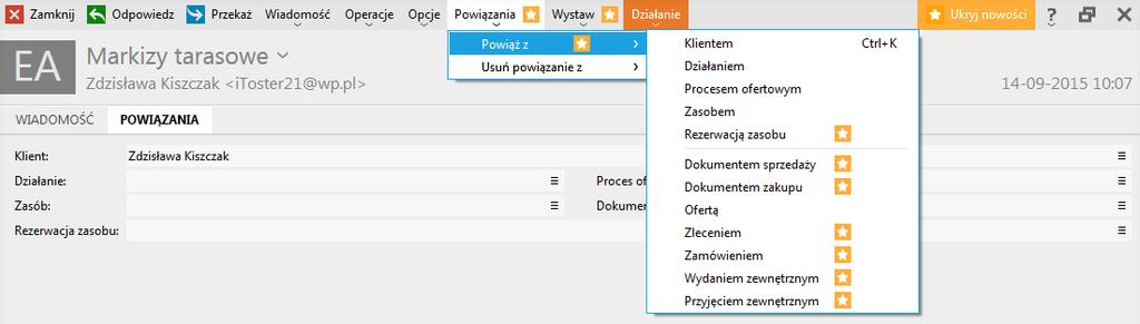 W formularzu wiadomości, w sekcji Powiązania, dodano dodatkowe pola prezentujące Rezerwację zasobu oraz Dokument, z którymi powiązana jest dana wiadomość.