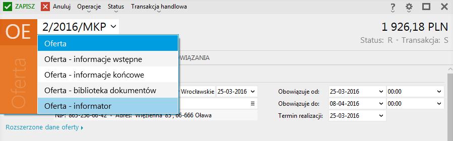 Dodano informator oferty oraz procesu ofertowego.