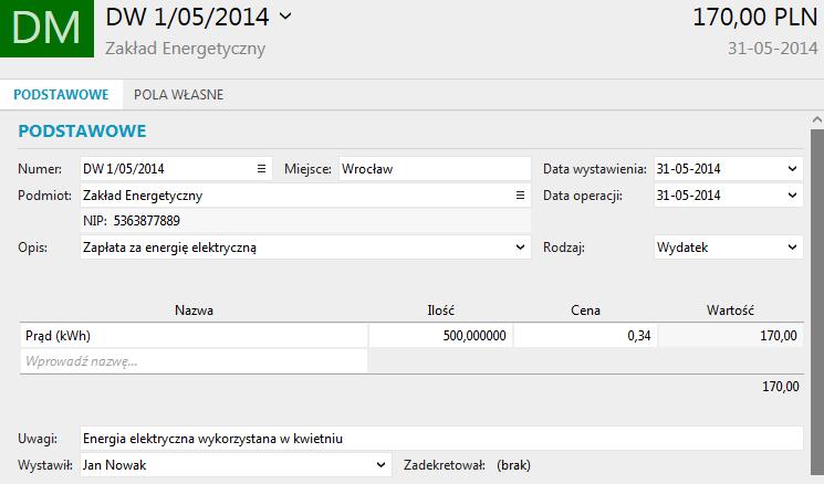 Sposób automatycznej numeracji powstających w programie dowodów wewnętrznych może być zmieniony w Parametrach dowodów wewnętrznych (Konfiguracja systemu).