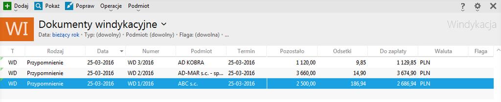 2. Drugi widok Rozrachunki do windykacji zawiera listę jeszcze nierozliczonych rozrachunków.