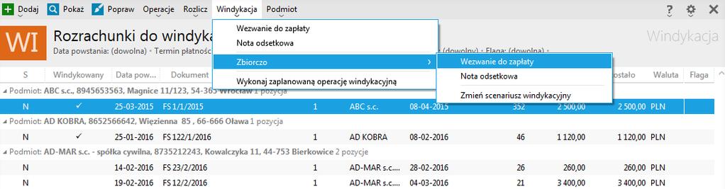 przypisywanie do nich zbiorczo scenariuszy windykacyjnych lub szybkie rozliczenie należności wybranego klienta. Do zaznaczonej należności można wystawić wezwanie lub notę odsetkową.