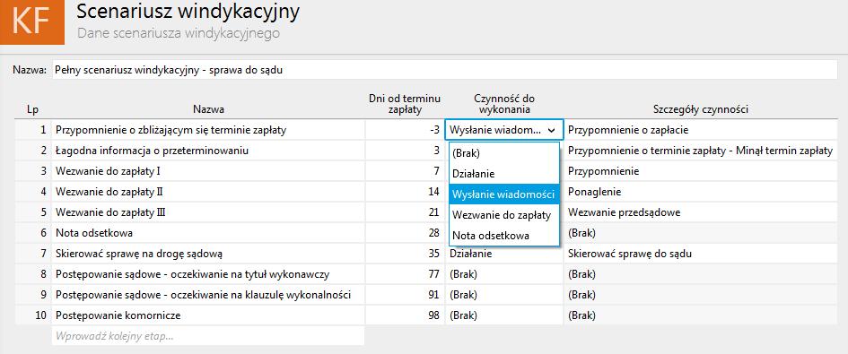 Dodatkowo za pomocą operacji dostępnych w module Windykacja, użytkownik może przypisywać/zmieniać scenariusze windykacji zbiorczo dla zaznaczonych na liście należności.