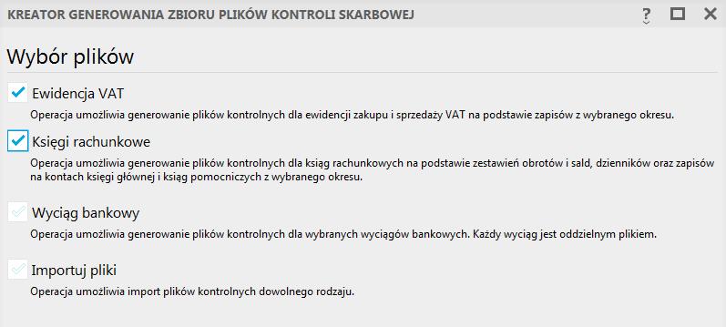 Kolejne kroki kreatora generowania zbioru plików uzależnione są od