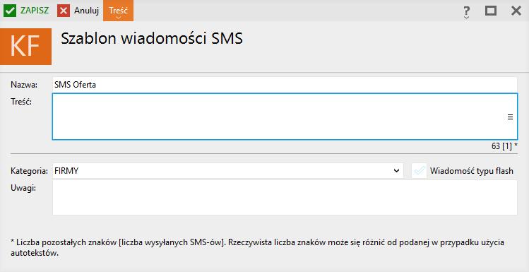 Szablony SMS Ten konfiguracyjny moduł umożliwia zarządzanie szablonami wiadomości SMS wykorzystywanymi do korespondencji z klientami.