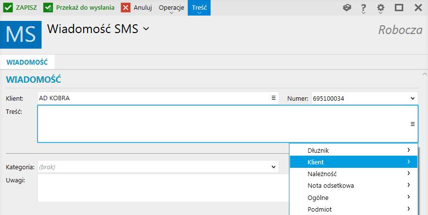 Gotową wiadomość SMS można zapisać jako roboczą (opcja Zapisz) lub