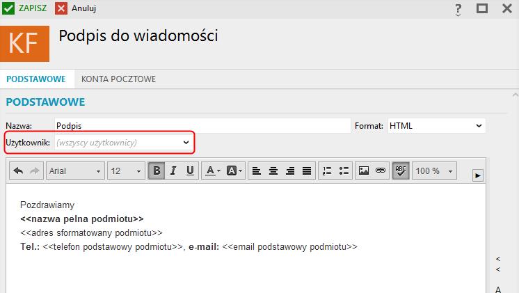 Zbiorczy podpis wiadomości e-mail (Gs, Su, Ra, Re, Gr) Dla użytkownika