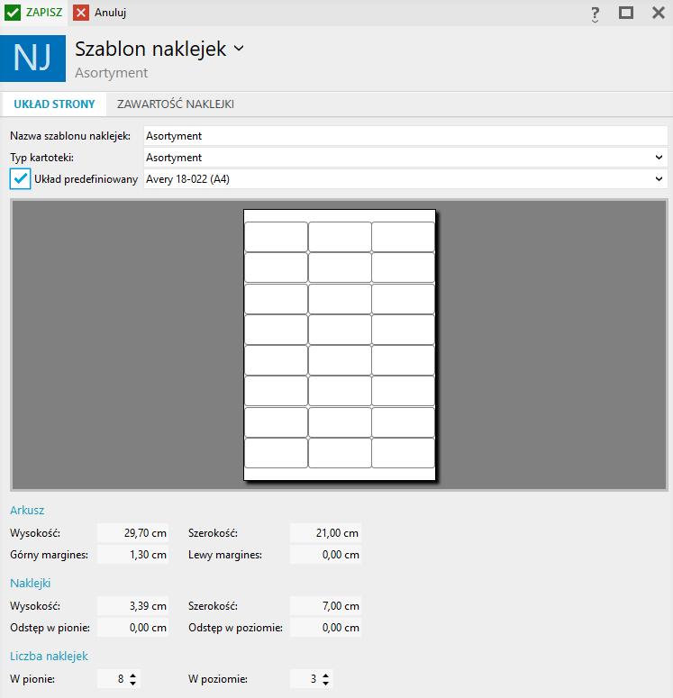 pozwoli wtedy na dowolną edycję rozmiaru papieru, wielkości naklejek, oraz ich liczby na stronie wydruku. Druga zakładka (Zawartość naklejki), pozwala na zdefiniowanie zawartości etykiet.