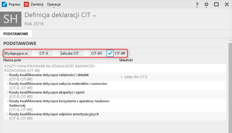 W definicji deklaracji CIT dodano możliwość filtrowania pozycji wg przynależności do deklaracji CIT-8, załącznika CIT-8/O, załącznika CIT-BR (Re) Deklaracja