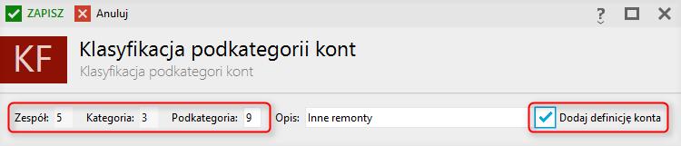 Dla wzorcowych planów kont dostępnych w aplikacji opis klasyfikacji kont dołączany jest automatycznie do słownika.