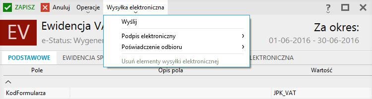 Wszystkie opcje odpowiedzialne za wysyłkę Pliku VAT drogą elektroniczną dostępne są z poziomu górnego menu Wysyłka elektroniczna.