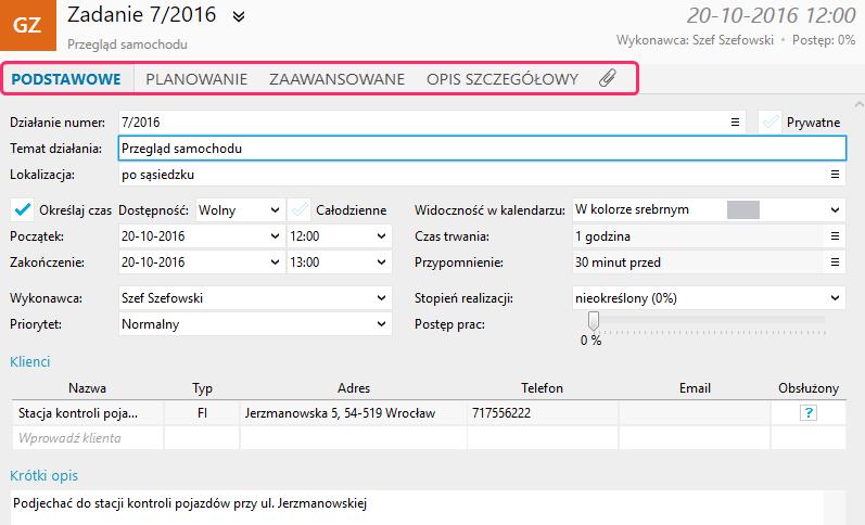 W podobny sposób zaprojektowano okna elementów kartotek, gdzie podział na zakładki odzwierciedla wagę zapisywanych informacji.