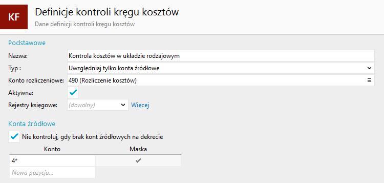 b. Konta docelowe sekcja pozwala wprowadzić konta docelowe przeniesienia kosztów w sposób analogiczny do kont źródłowych.