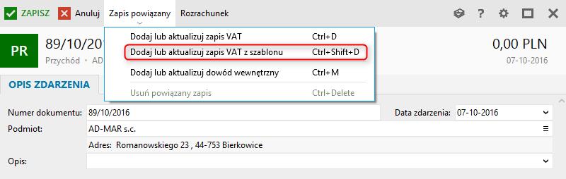 Dodano nowe wzorce wydruków ewidencji VAT pokazujące kolumny z wartościami dotyczącymi VAT odliczanego (ujętego do rozliczeń deklaracji) oraz VAT bez odliczeń (VAT, który zostanie pominięty w