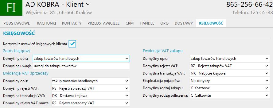 Po aktywowaniu znacznika użytkownik może pozostawić domyślne parametry zapisów księgowych oraz ewidencji VAT zakupu i sprzedaży (pobrane z parametrów programu), bądź dokonać indywidualnej zmiany.