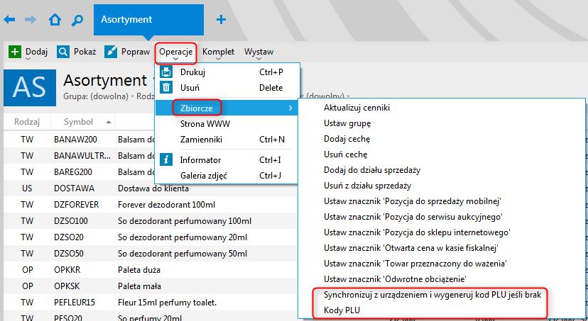 Dodano możliwość zbiorczego nadawania kodów PLU wybranych dla kartotek na jednostkę miary w widoku Asortyment albo w kartotece - domyślnie dla wszystkich urządzeń lub dla wybranych (Su) Opcja Kody