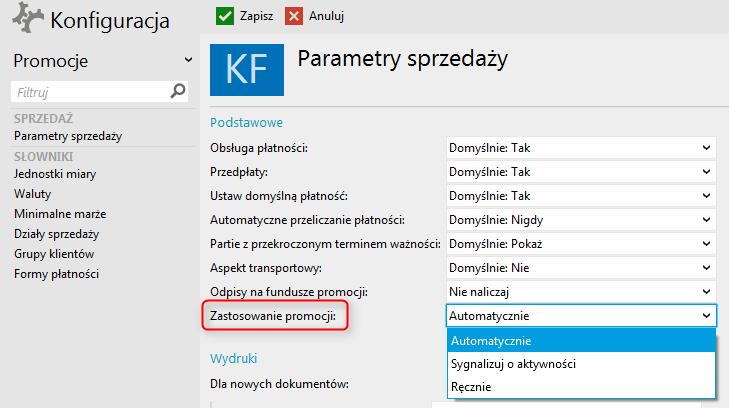 Automatycznie wartość domyślna systemu, po spełnieniu warunków sprzedaży promocje będą stosowane automatycznie.