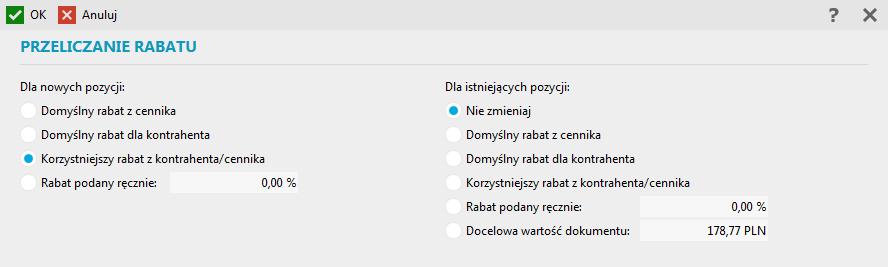 Brak; o Według nazwy; o Według symbolu; o Według symbolu u nabywcy; Popraw dokument automatyczny dzięki tej opcji możliwe jest poprawienie danych opisowych znajdujących się na tworzonych