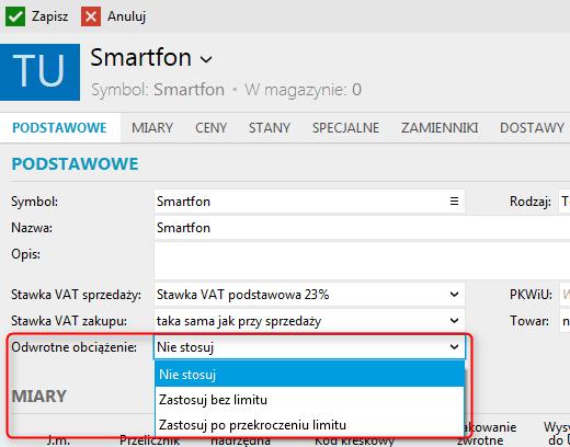 ustawić zgodnie z wytycznymi ustawy w odpowiednim asortymencie (towarze), w sekcji Podstawowe pole Odwrotne