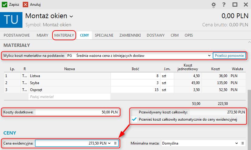 Wylicz koszt materiałów na podstawie - określa za pomocą jakiego sposobu liczenia ceny ma być wyznaczony koszt materiałów. Przycisk przelicz ponownie umożliwia wyliczenie kosztów na nowo (np.