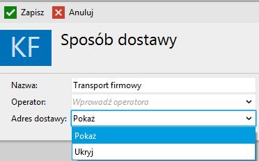 Gdy wybrana jest wartość Pokaż to podczas wypisywania dokumentu będzie prezentowany adres dostawy.