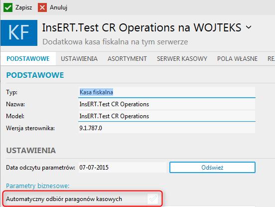 Automatyczny odbiór paragonów kasowych - wybór tego parametru spowoduje automatyczny odbiór paragonów kasowych po wykonaniu operacji Odczytaj