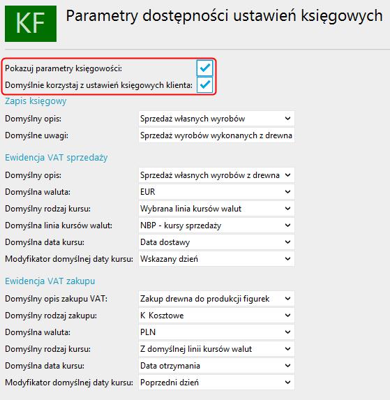 Zmiany w Parametrach dostępności ustawień księgowych (Ra/Re) Wprowadzono opcję automatycznej aktywacji domyślnych ustawień księgowych dla poszczególnych kartotek klientów.