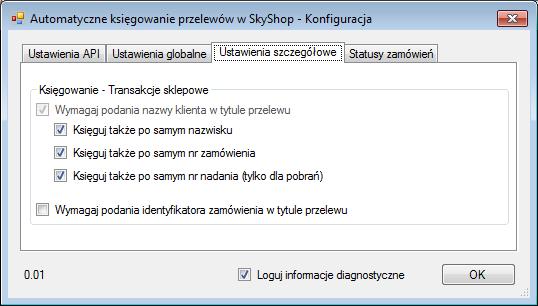 Ustawienia dotyczące klucza księgowań Wybór statusów zamówień do