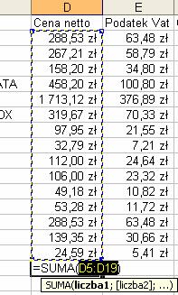 DC Edukacja 2005 Arkusze kalkulacyjne i bazy danych 45 3. Kliknij komórkę E6 i na pasku formuły sprawdź poprawność formuły. Formuła powinna obliczać iloczyn ceny netto (D6) oraz podatku Vat (E23).