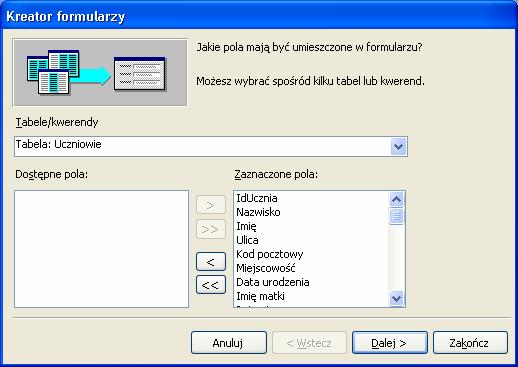 62 Arkusze kalkulacyjne i bazy danych DC Edukacja 2005 2. Kliknij polecenie Utwórz formularz za pomocą kreatora. 3.