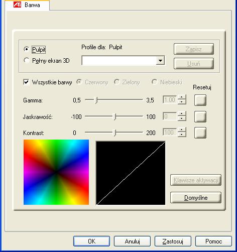 15 Zakładka Barwa ATI dla Pulpitu Zakładka Barwa ATI dla Pełnego ekranu 3 D Przycisk opcji Pulpit Przycisk opcji Pełny ekran 3D Profile dla: Lista rozwijana Profile Zakładka Barwa ATI Wybierz opcję