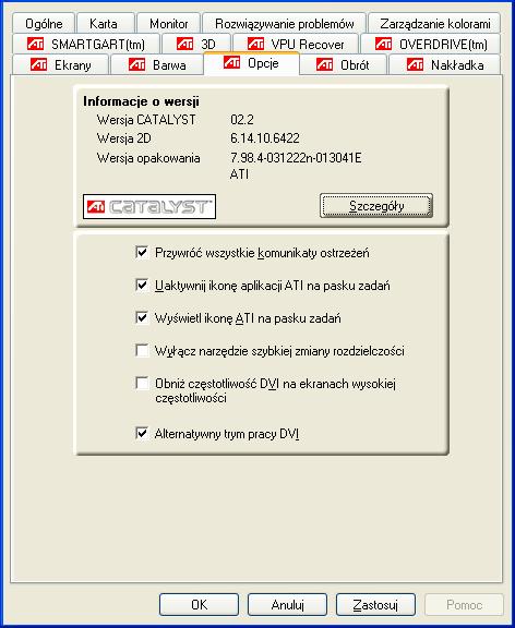 18 Zakładka Opcje ATI Zakładka Opcje ATI dostarcza szczegółowych informacji o sterownikach i umożliwia