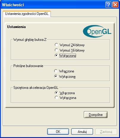 29 Ustawienia zgodności OpenGL Wymuś głębię bufora Z Potrójne buforowanie Sprzętowa akceleracja OpenGL Przycisk Domyślne Ustawienia zgodności OpenGL Jawnie określa głębokość bufora Z.