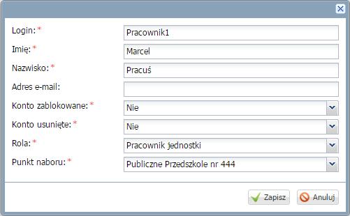 Czynności i opcje niezależne od etapów prac Tworzenie kont użytkowników Aby utworzyć nowe konto należy: Wybrać z górnego menu zakładkę Strona główna/użytkownicy. Kliknąć przycisk Dodaj.