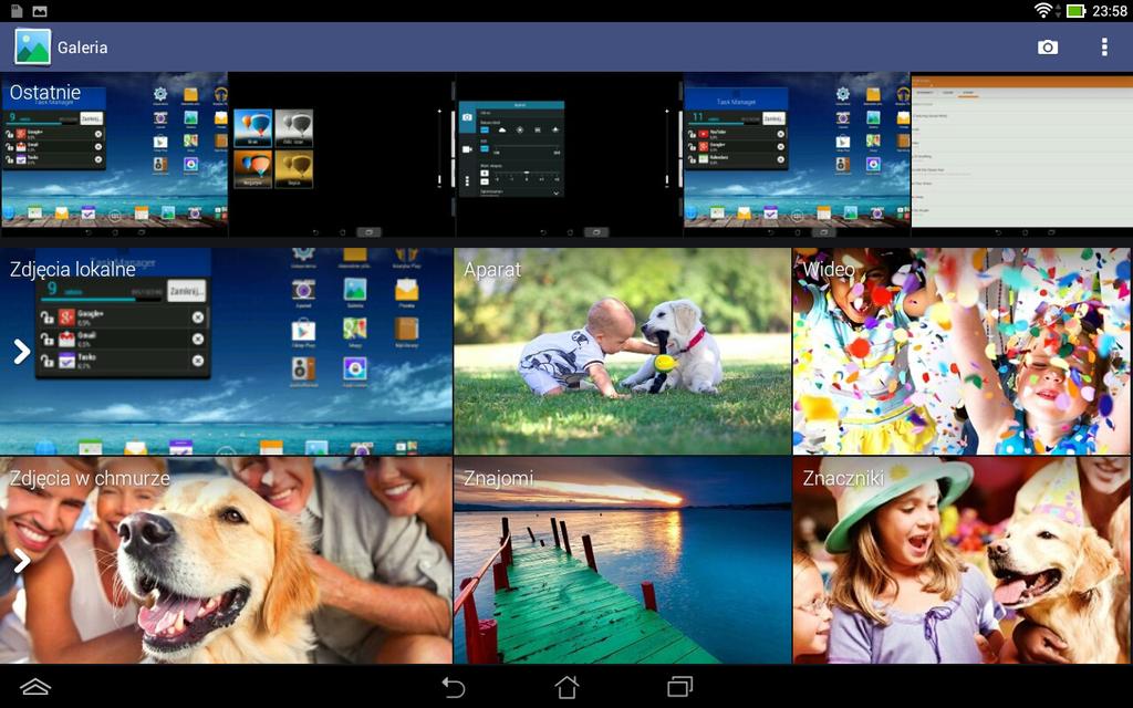 Galeria Przy użyciu aplikacji Galeria można przeglądać obrazy i odtwarzać klipy wideo na ekranie tabletu ASUS.