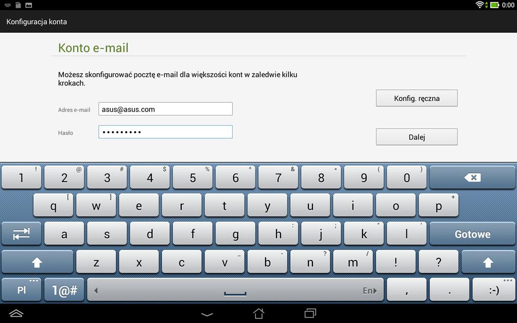 Poczta Aplikacja Poczta e-mail umożliwia dodawanie kont POP3, IMAP i Exchange w celu odbierania, tworzenia oraz przeglądania wiadomości e-mail za pomocą tabletu ASUS. WAŻNE!