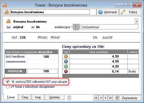 Netto VAT Brutto 249,50 PLN + 57,39 PLN = 306,89 PLN 0 306,89 PLN + 0 = 306,89 PLN Towar parametr zastosuj 50% odliczenia VAT przy zakupie Na formatce towarów typu artykuł i usługa dodany został