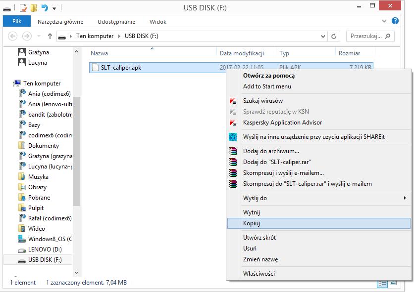 Plik na pendrajwie. 2. W folderze pendrajwa odnaleźć pik SLT-caliper.apk. Skopiować plik i zamknąć okno. 3. Podłączamy smartfon do komputera.