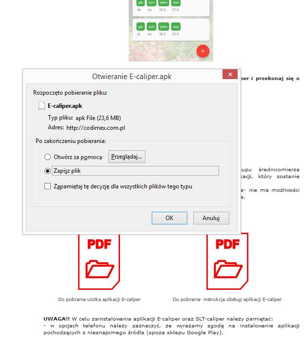 2. Przewijamy stronę do momentu odnalezienia ikony z podpisem Plik z aplikacją E-caliper.apk (oznaczona na zdjęciu czerwonym kółkiem). Klikamy w ikonę. 3. W kolejnym oknie klikamy Zapisz plik.