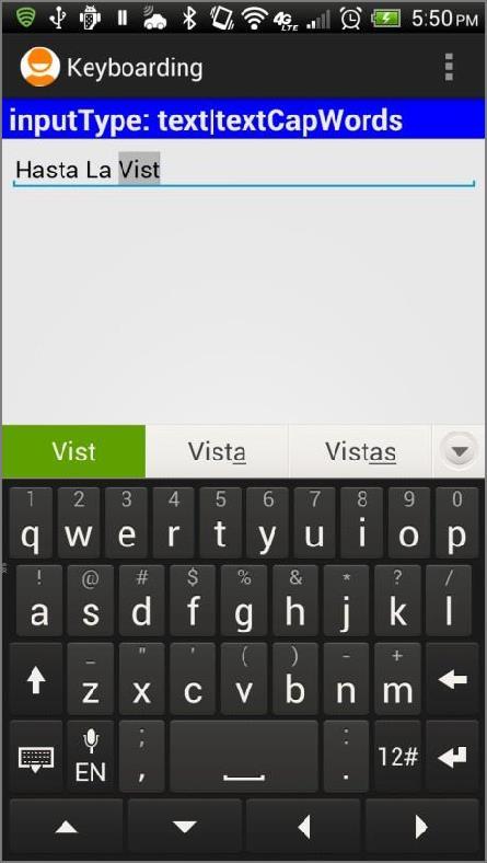 Dodatek B: Pola tekstowe i klawiatury Przykład 10: Użycie android:inputtype= " text textcapwords" Po kliknięciu na EditText pokazywana jest wirtualna