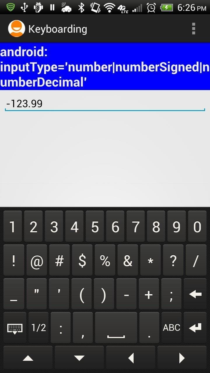 Dodatek B: Pola tekstowe i klawiatury Przykład 11: Wykorzystanie android:inputtype="number numbersigned numberdecimal" 1. Klawiatura wyświetla liczby. 2. Nie-numeryczne klawisze (jak!@#$%&*?