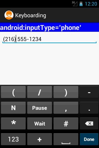 Dodatek B: Pola tekstowe i klawiatury Przykład 14: Użycie android:inputtype="phone" Wirtualna