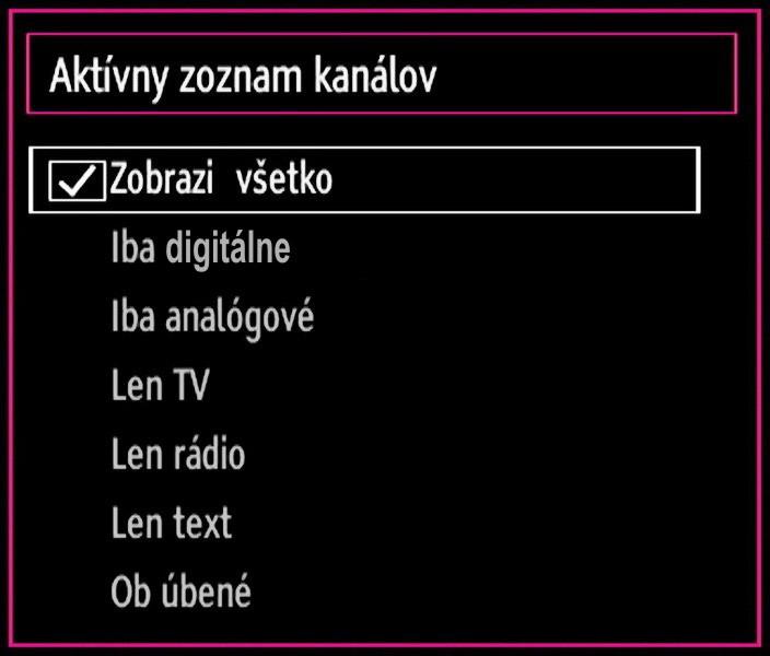 Spravovanie staníc: Triedenie v zozname kanálov Môžete si vybrať programy, ktoré sa majú uviesť v zozname kanálov.