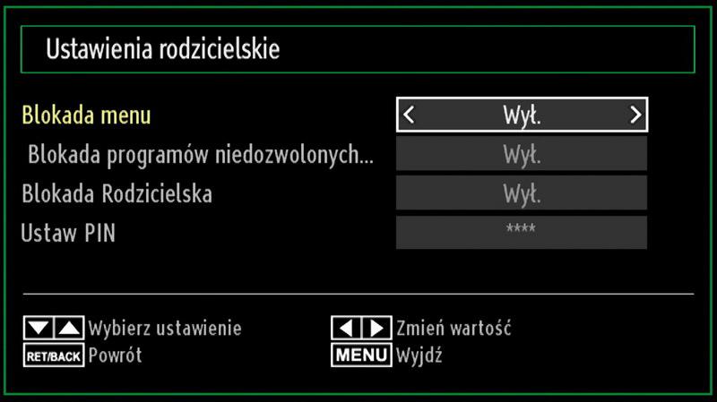 Ustawienia językowe Po wpisaniu poprawnego PINu, pojawi się menu ustawień kontroli rodzicielskiej: W menu konfiguracji proszę wcisnąć przycisk lub aby podświetlić Ustawienia języka.