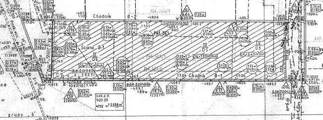 132 Rys. 1. Mapa pokładu 403/3 rejon ściany B-1 Strop pokładu zbudowany był z iłowców, lokalnie przewarstwionych mułowcem.