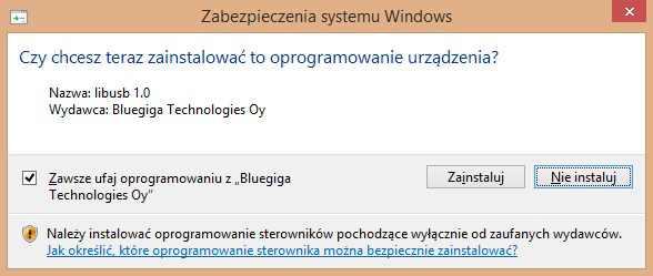 8. Po jakimś czasie instalacji, wyświetli się następujące okienko: Do pracy z zestawem niezbędny jest adapter BLED112.