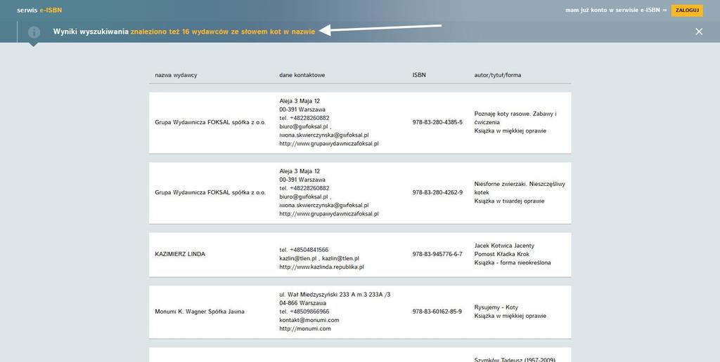 Zaznaczony strzałką przycisk umożliwia podgląd bazy teleadresowej ISBN uściślonej za pomocą wcześniej wpisanego hasła.
