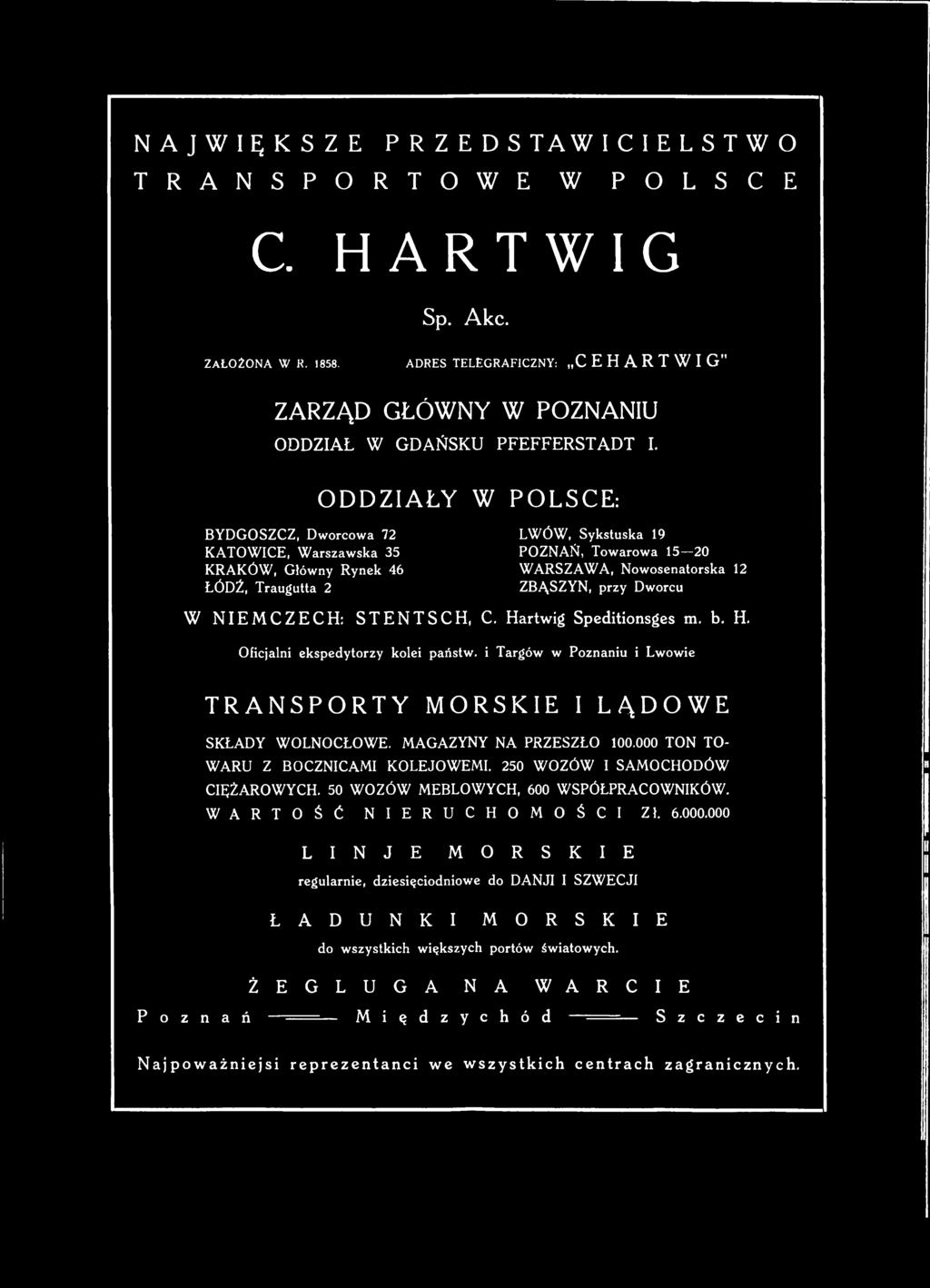 Oficjalni ekspedytorzy kolei państw, i Targów w Poznaniu i Lwowie TRANSPORTY MORSKIE I LĄDOWE SKŁADY WOLNOCŁOWE. MAGAZYNY NA PRZESZŁO 100.000 TON TO WARU Z BOCZNICAMI KOLEJOWEMI.
