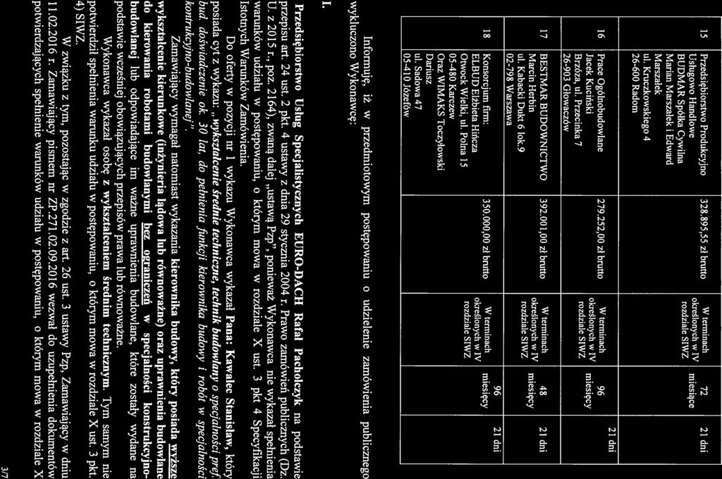 15 Przedsiębiorstwo Produkcyjno 328.895,55 zł brutto W terminach 72 21 dni Usługowo Handlowe określonych w IV miesiące BUDMAR Spółka Cywilna Marian Marszałek i Edward Marszałek ul.